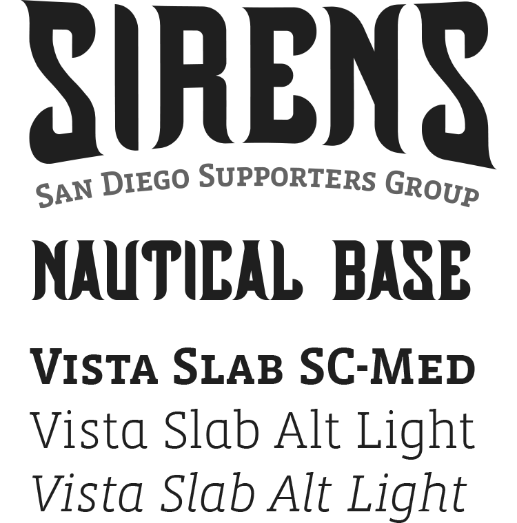 Official typography reference card showing SIRENS wordmark and Vista Slab specimens