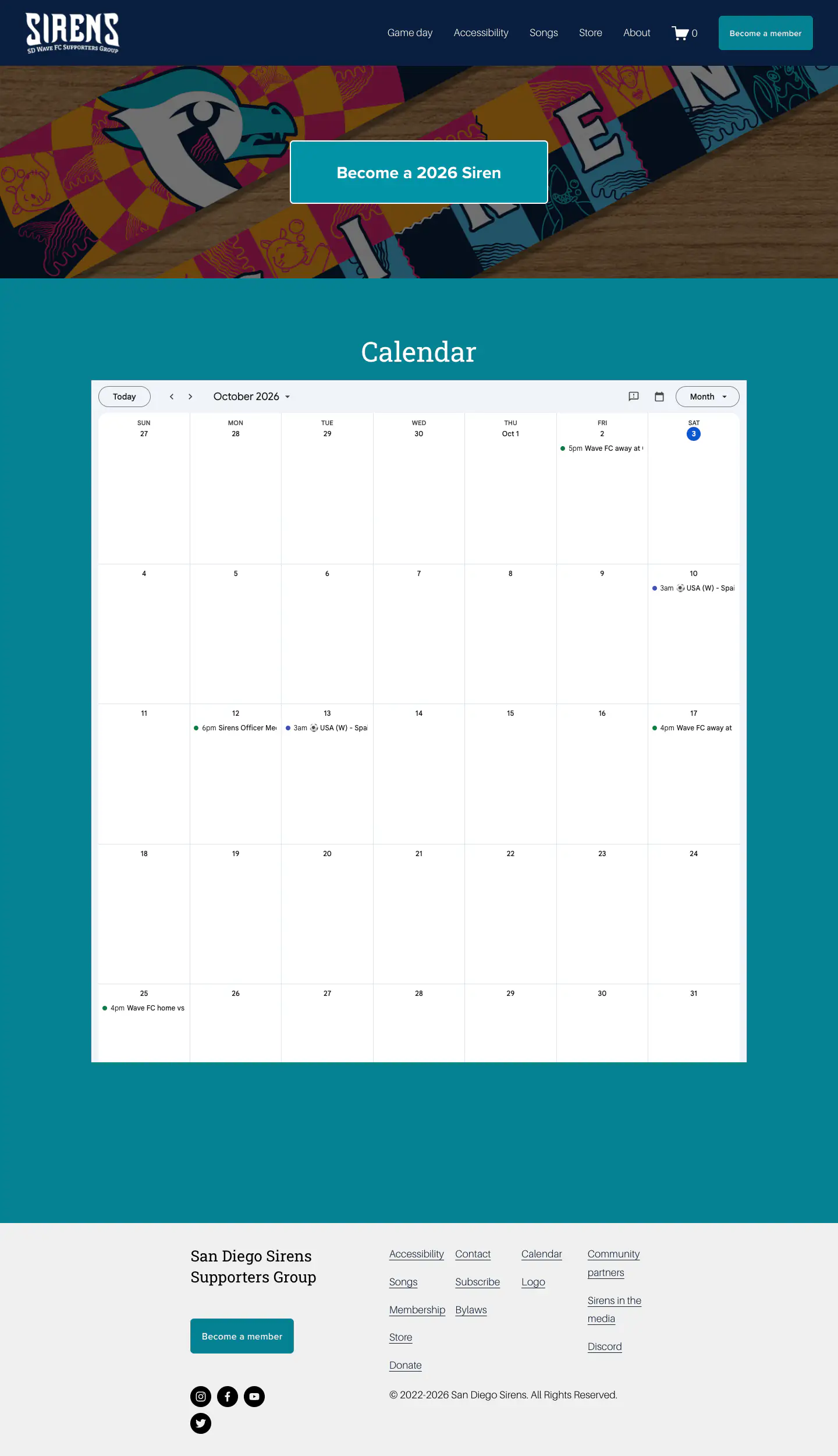 San Diego Sirens homepage at desktop width: navigation bar, "Become a 2026 Siren" banner over a scarf image, a monthly calendar, and the footer