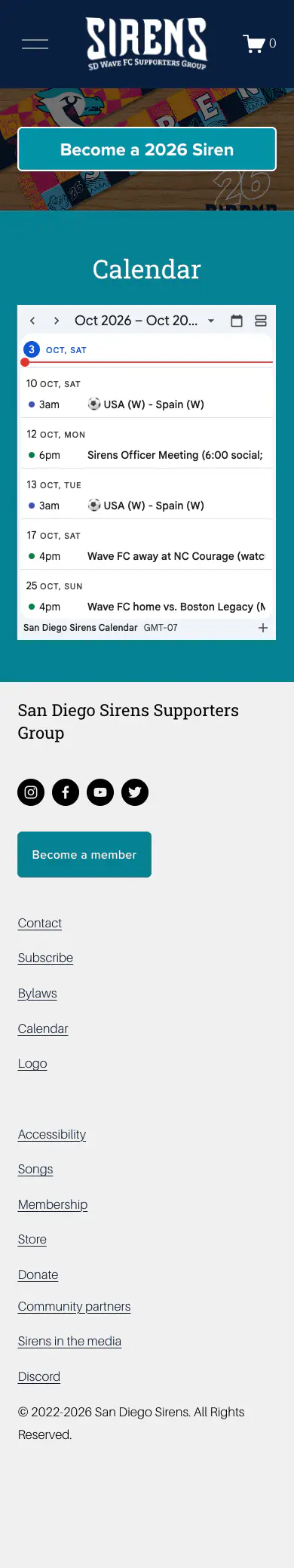 San Diego Sirens homepage at mobile width: header with menu button, "Become a 2026 Siren" banner, an agenda-view calendar, and the footer links