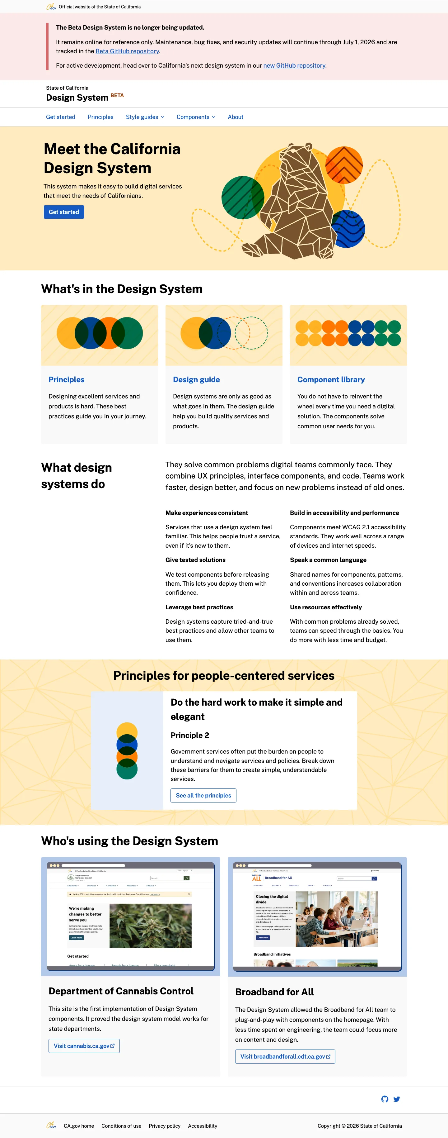 California Design System homepage at designsystem.webstandards.ca.gov, desktop width