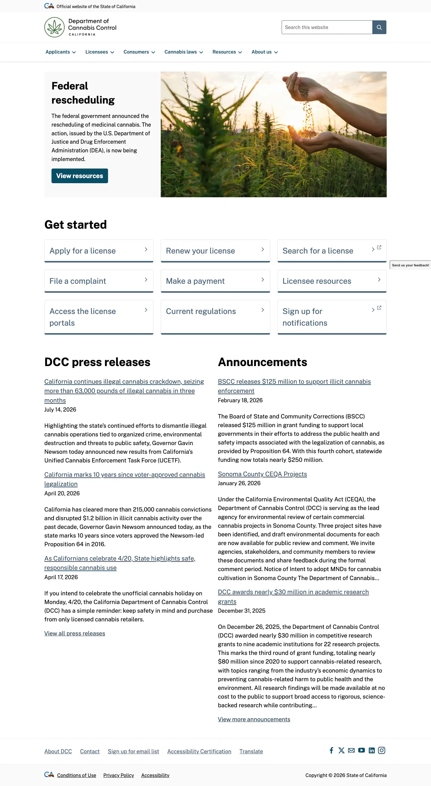 Desktop screenshot of the cannabis.ca.gov homepage