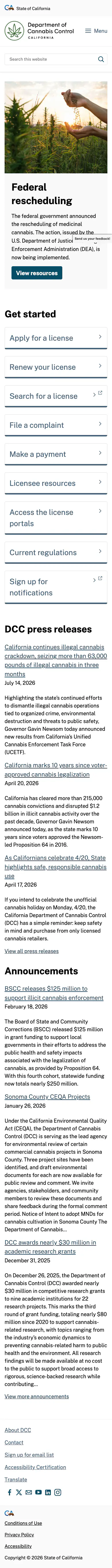 Mobile screenshot of the cannabis.ca.gov homepage