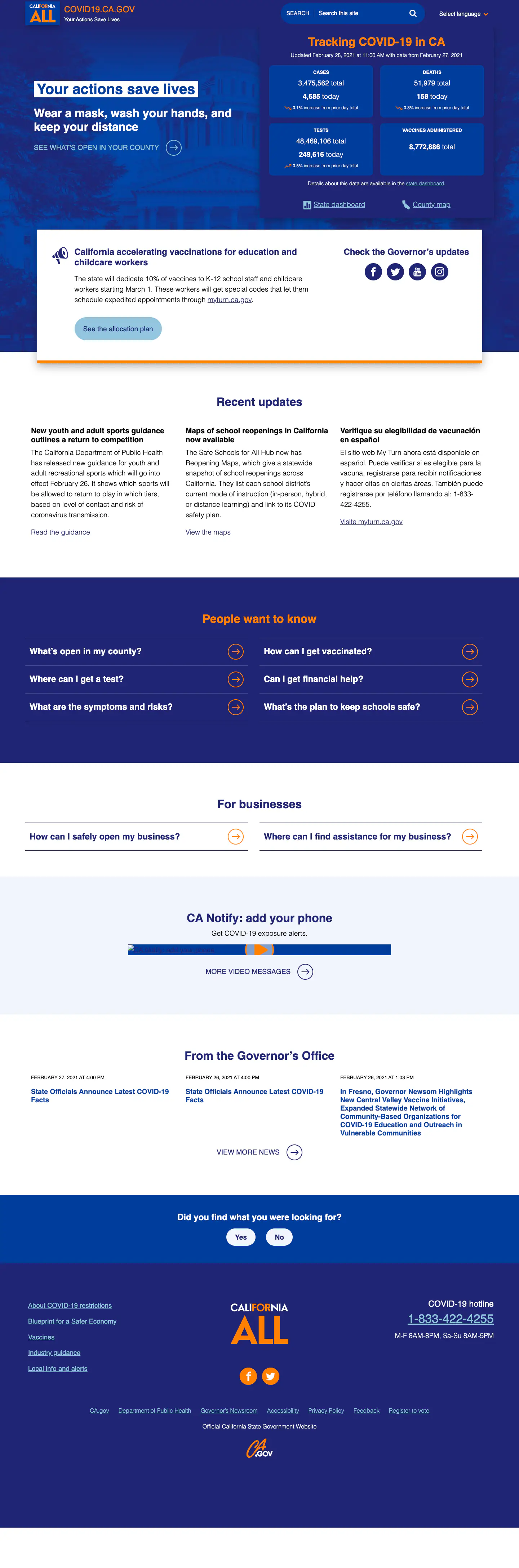 covid19.ca.gov homepage on desktop, March 2021: "Your actions save lives" hero over the State Capitol, a "Tracking COVID-19 in CA" panel with case, death, test and vaccine totals, recent updates, and the site footer