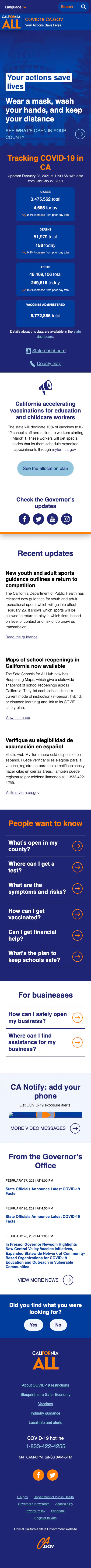 covid19.ca.gov homepage on a phone, March 2021