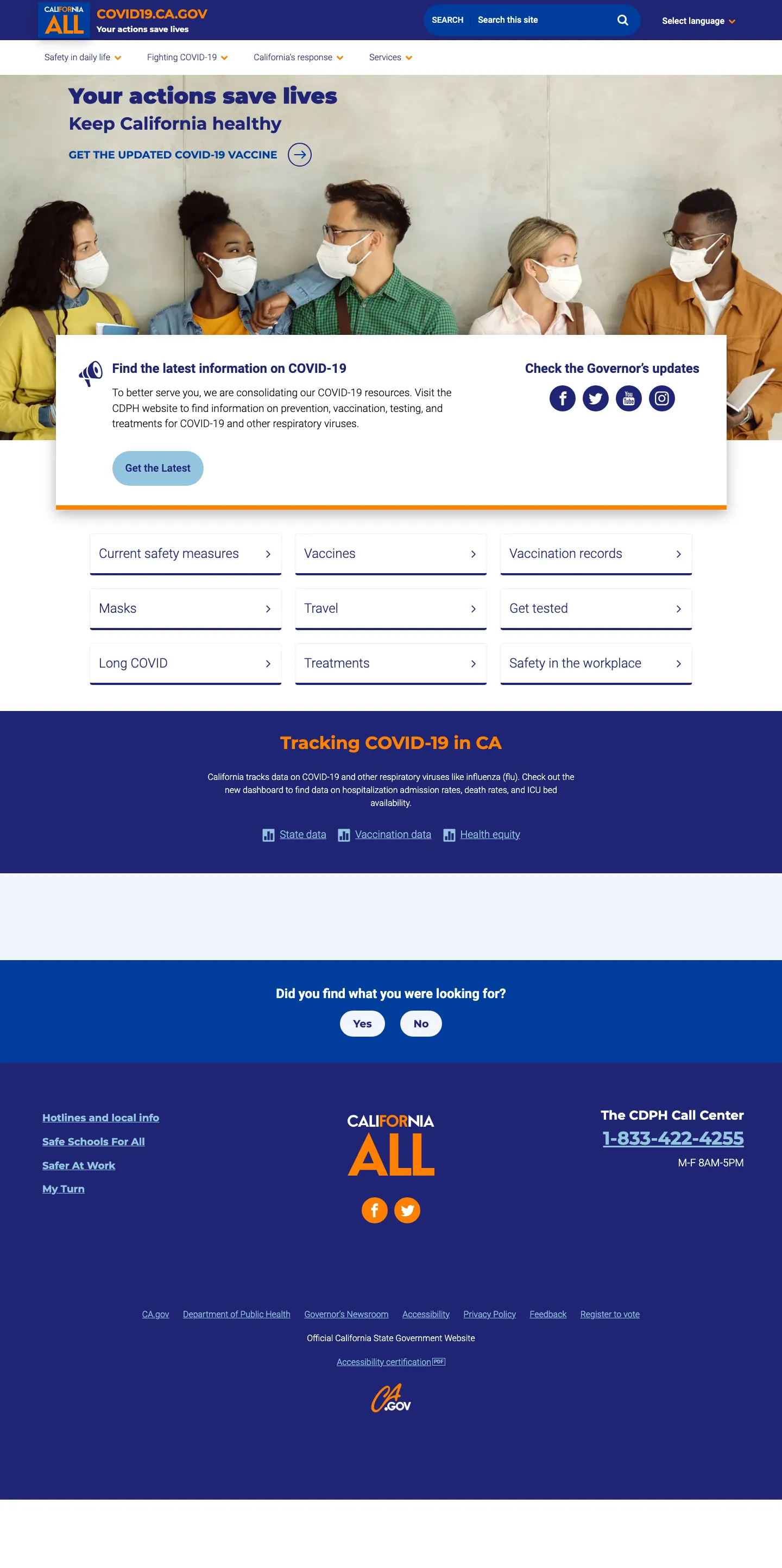 covid19.ca.gov homepage on desktop, final version: "Your actions save lives" hero photo of people in masks, a notice about consolidating resources on the CDPH website, topic links, and the site footer