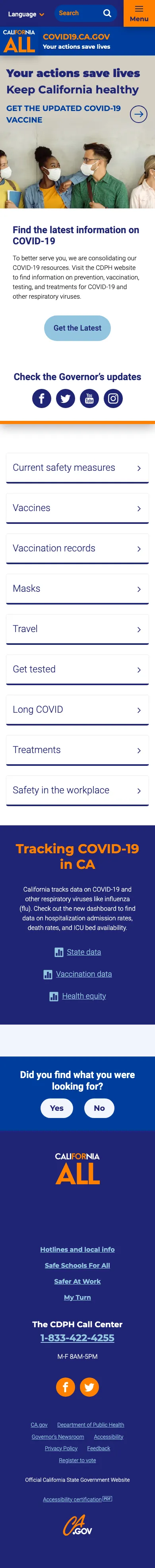 covid19.ca.gov homepage on a phone, final version